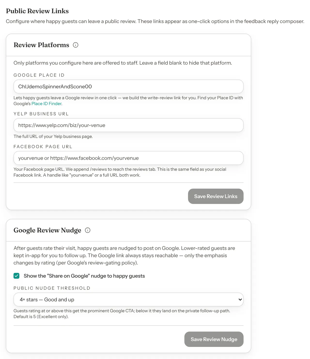The Public Review Links heading and its one-line note. Below it, the Review Platforms card has a Google Place ID filled in, Yelp business URL and Facebook page URL boxes showing only example text, and Save Review Links. Under that, the Google Review Nudge card has Show the Share on Google nudge to happy guests ticked, Public nudge threshold set to 4+ stars, Good and up, and Save Review Nudge.