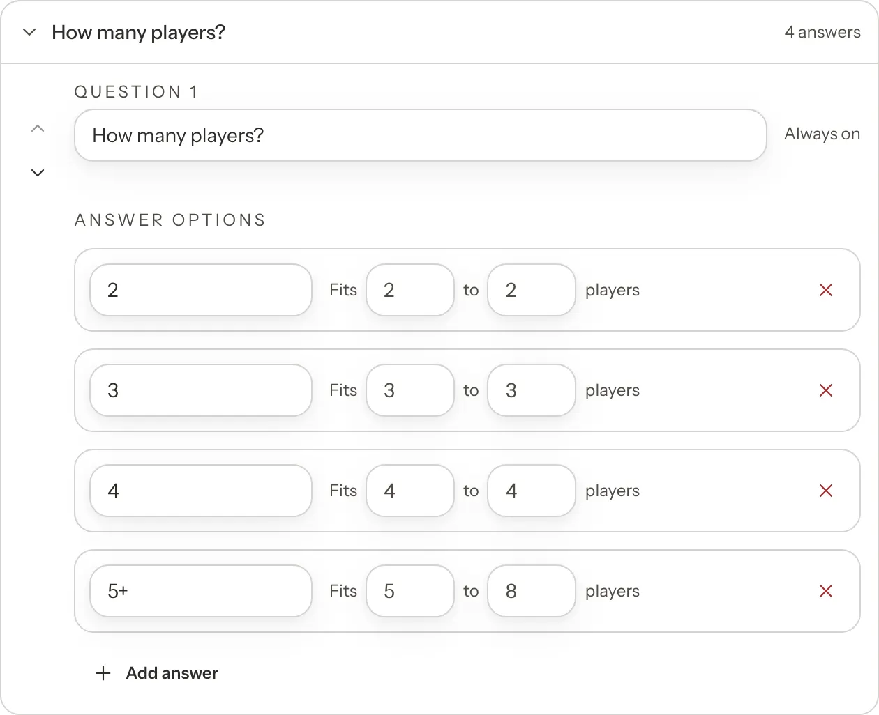 The How many players? question open, with up and down arrows on the left and Always on on the right. Under Answer options, four rows: 2 fits 2 to 2 players, 3 fits 3 to 3 players, 4 fits 4 to 4 players, and 5+ fits 5 to 8 players, each with a remove button, then an Add answer button.