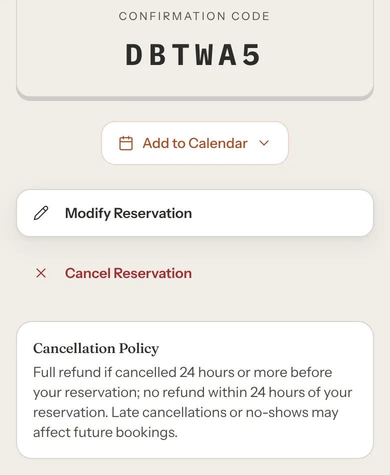 Further down the booking page: the confirmation code, an Add to Calendar button, Modify Reservation, Cancel Reservation and the café's cancellation policy.