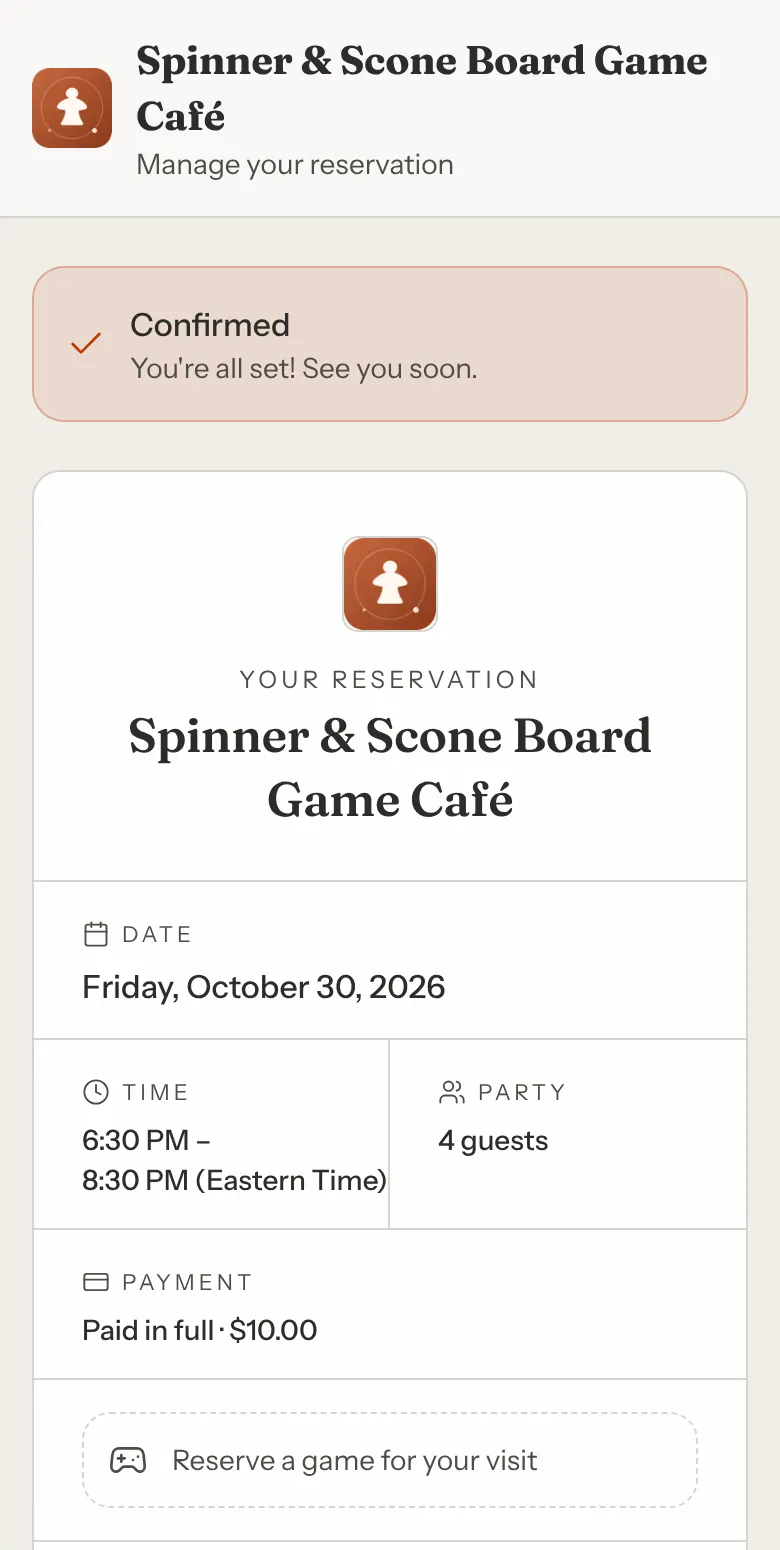 A booking page with a Confirmed banner reading You're all set! See you soon, then a ticket with the date, time, party size, Paid in full $10.00 and a Reserve a game for your visit button.