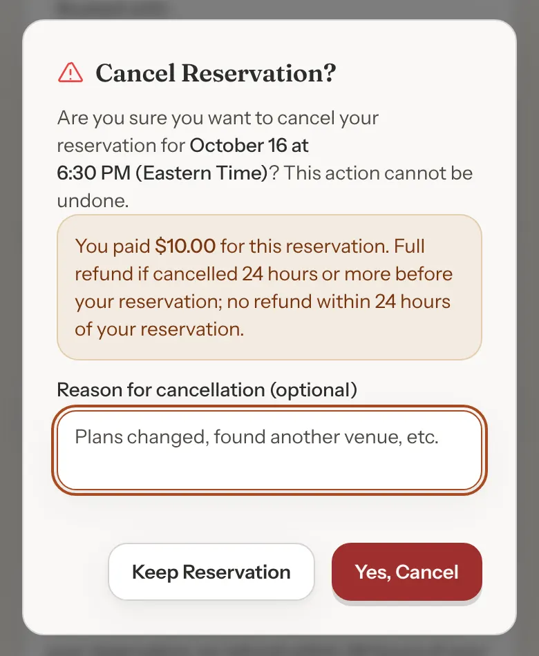 The Cancel Reservation? window asking to confirm cancelling October 16 at 6:30 PM, a box saying You paid $10.00 with the café's refund policy, an optional reason box, and Keep Reservation and Yes, Cancel buttons.