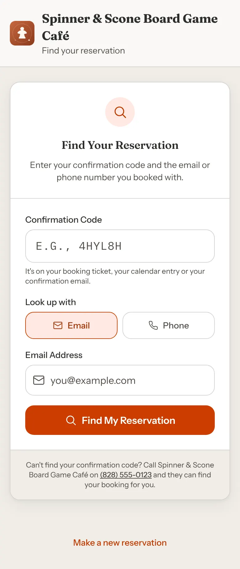 The Find Your Reservation page with a Confirmation Code field, Email and Phone buttons under Look up with, an Email Address field and a Find My Reservation button.
