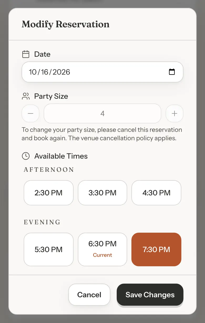 The Modify Reservation window with a date field, the party size of 4 with a note about changing party size, and Available Times with 6:30 PM marked Current and 7:30 PM selected.