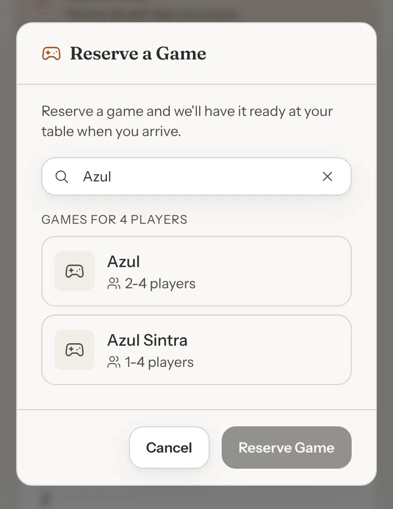 The Reserve a Game window with a search box containing Azul, a Games for 4 players list showing Azul and Azul Sintra, and Cancel and Reserve Game buttons.
