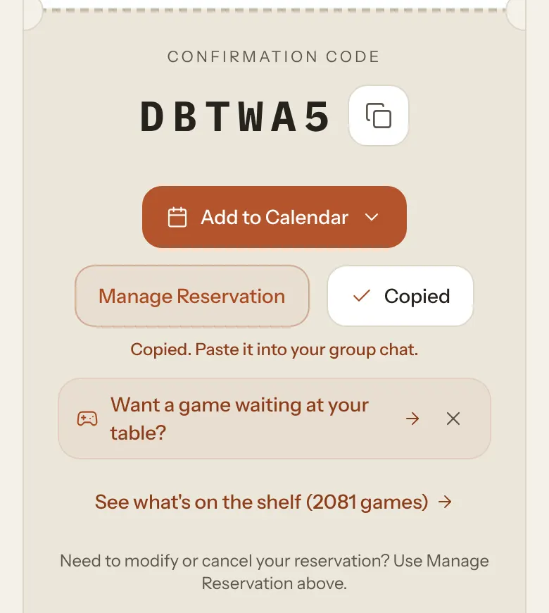 The bottom of the booking confirmation screen with the confirmation code, Add to Calendar, Manage Reservation and a Copied button, and the line Copied. Paste it into your group chat.