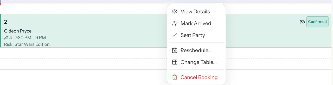 The right-click menu on a booking block with View Details, Mark Arrived, Seat Party, Reschedule, Change Table and Cancel Booking.