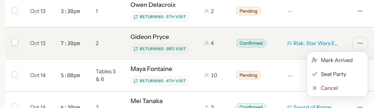 The row menu in the List view open on a Confirmed booking, with Mark Arrived, Seat Party and Cancel.