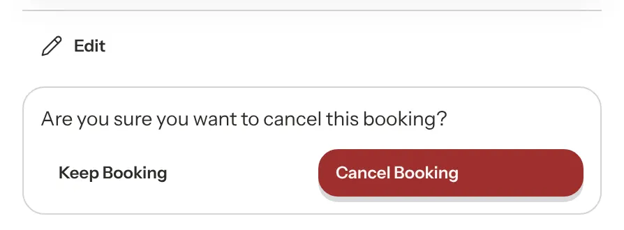 The cancel question in the booking panel with the Keep Booking and Cancel Booking buttons.
