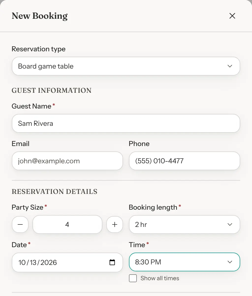 The New Booking window filled in for Sam Rivera, party of 4, today, with a phone number and a time later today chosen.