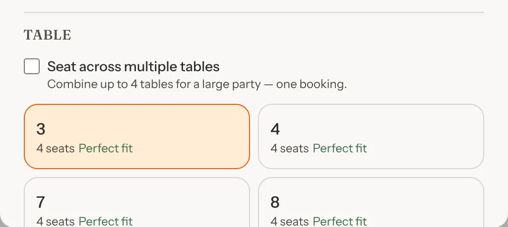 The Table section of New Booking listing free tables with their seats, each marked Perfect fit, with table 3 chosen.