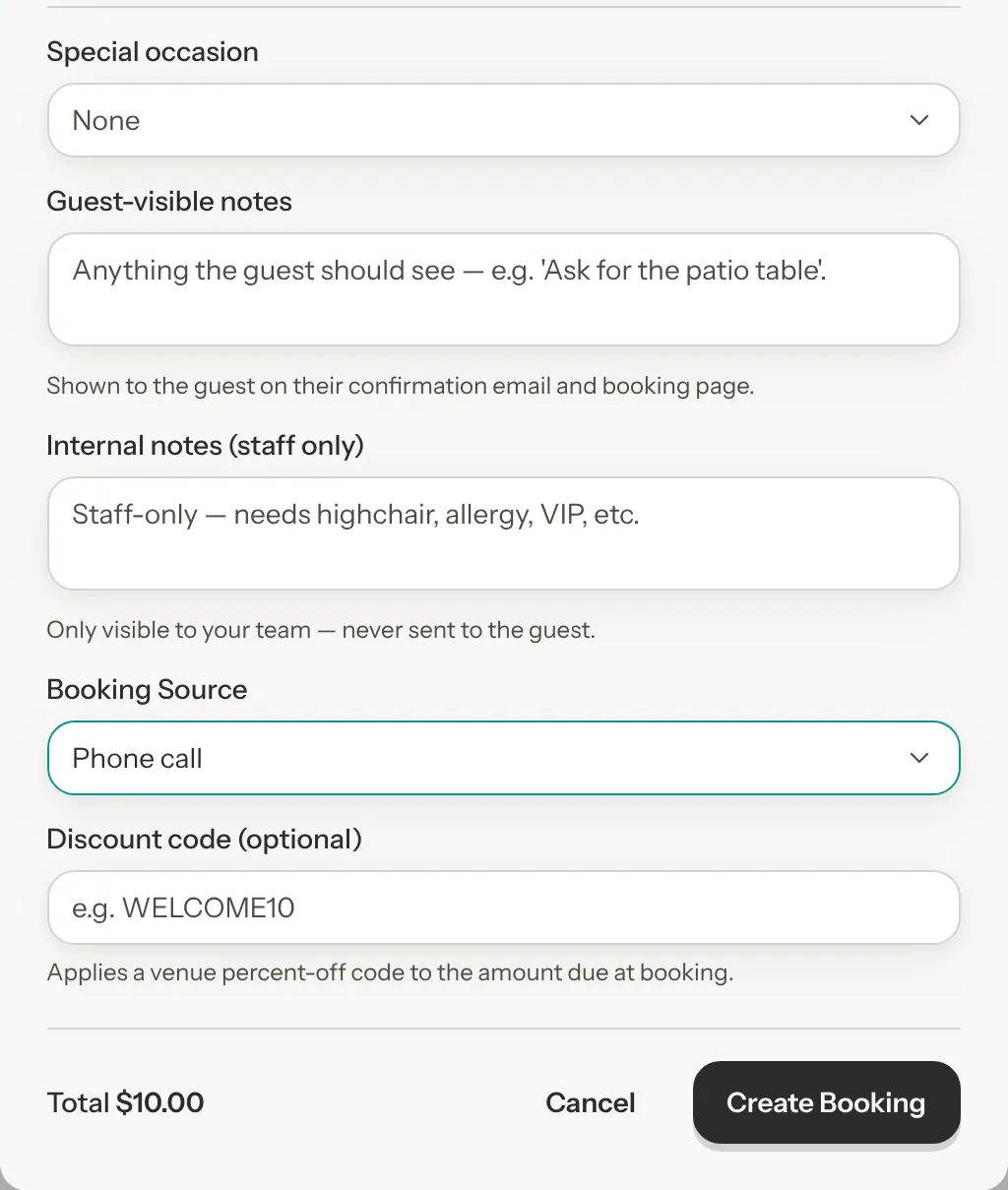 The lower part of the New Booking window with the occasion, both note fields, Booking Source set to Phone call, and the Cancel and Create Booking buttons.
