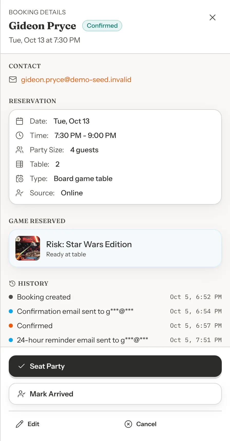 A booking open in the side panel, showing a Confirmed badge, contact details, the reservation details, the reserved game, the history list and the Seat Party, Mark Arrived, Edit and Cancel buttons.