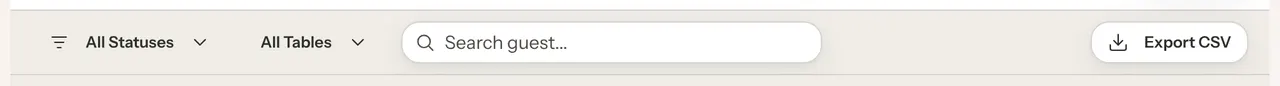 The List filter row with the All Statuses and All Tables buttons, the Search guest box and the Export CSV button.