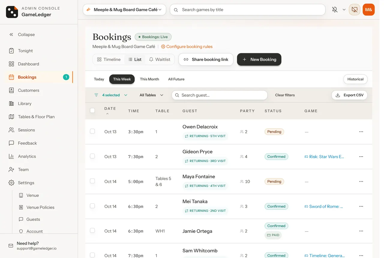 The List view of this week's active bookings, with the quick filter buttons, the filter row with four statuses selected, and a column of status badges.