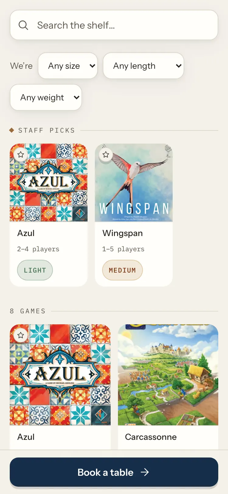 The games page on a phone showing the search box, filters, a Staff picks row with Azul and Wingspan, the first games on the shelf and a Book a table button fixed at the bottom of the screen.