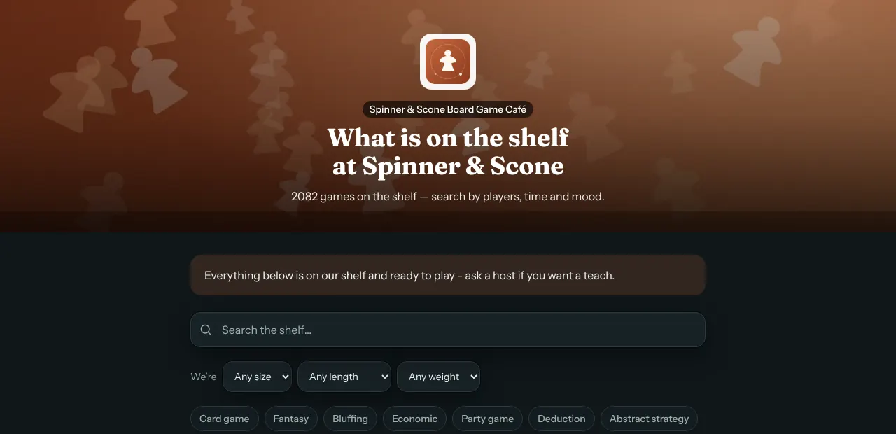 The games page opening with the café's cover photo of meeples as a band, then the café logo and name, the heading What is on the shelf at Spinner & Scone, a line saying 2082 games on the shelf, a welcome message, a search box, size, length and weight filters and mood chips.