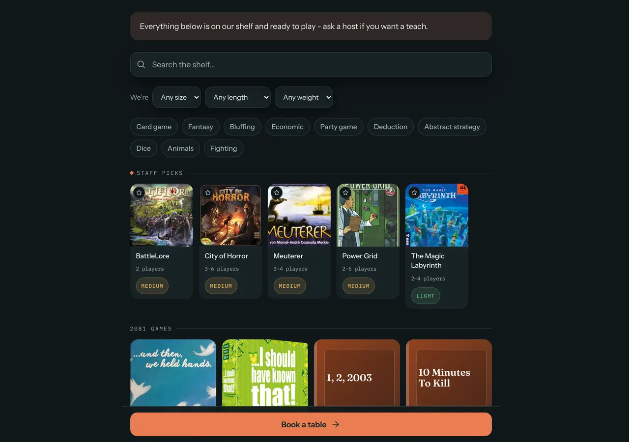 The public games page in the Dark theme, scrolled to the shelf: a welcome message, a search box, size, length and weight filters, mood chips, a Staff picks row of game covers, the first of 2081 games and a Book a table button fixed to the bottom.