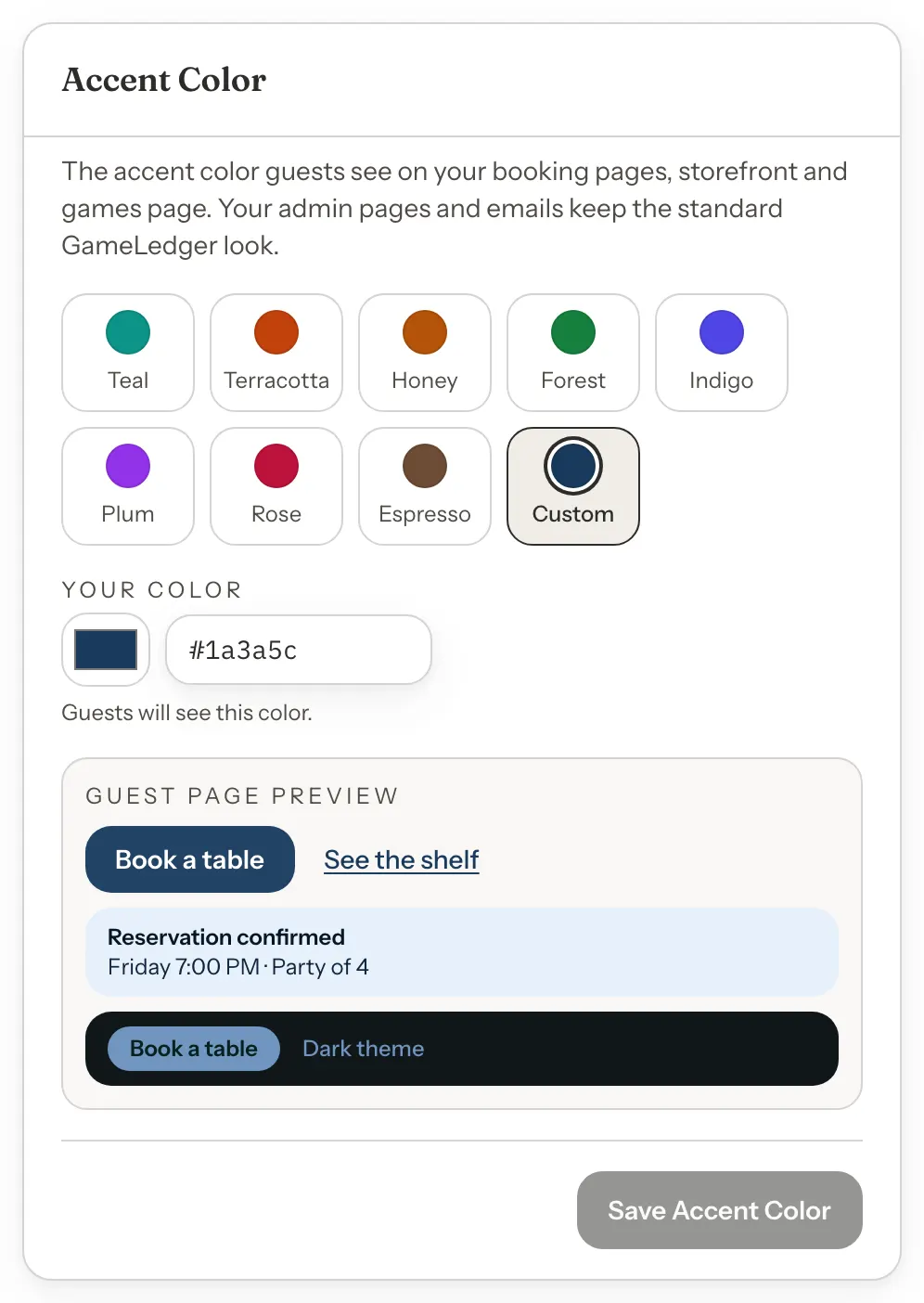The Accent Color card with eight ready-made swatches and Custom selected, a Your color field showing a hex code, a Guest page preview with a Book a table button, a link, a tinted panel and a dark theme strip, and a Save Accent Color button.