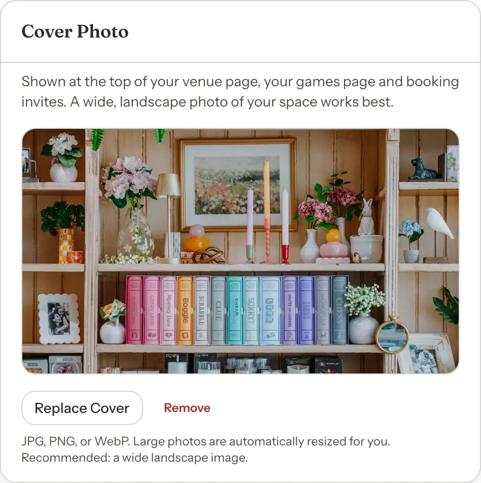 The Cover Photo card in Branding showing a photo of shelves with games and decorations, with Replace Cover and Remove buttons.