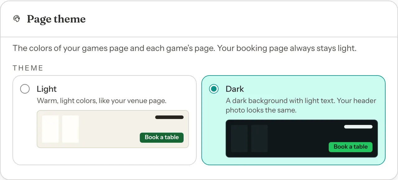 The Page theme card with two options, Light and Dark, each with a small preview that includes a Book a table button. Dark is selected.