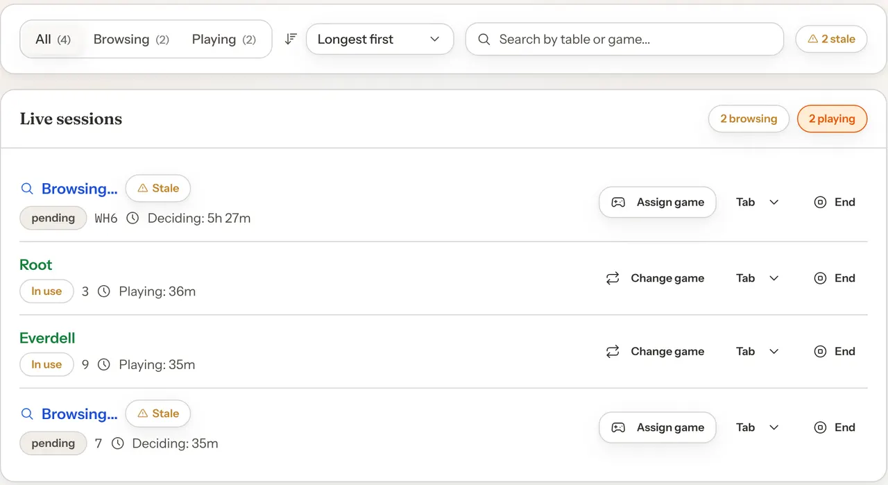 The top of the Sessions page: All, Browsing and Playing buttons with counts, Longest first, a search box and a 2 stale button, then Live sessions with four tables. Two are browsing and marked Stale, with Assign game, Tab and End. Two are playing Root and Everdell, with Change game, Tab and End.