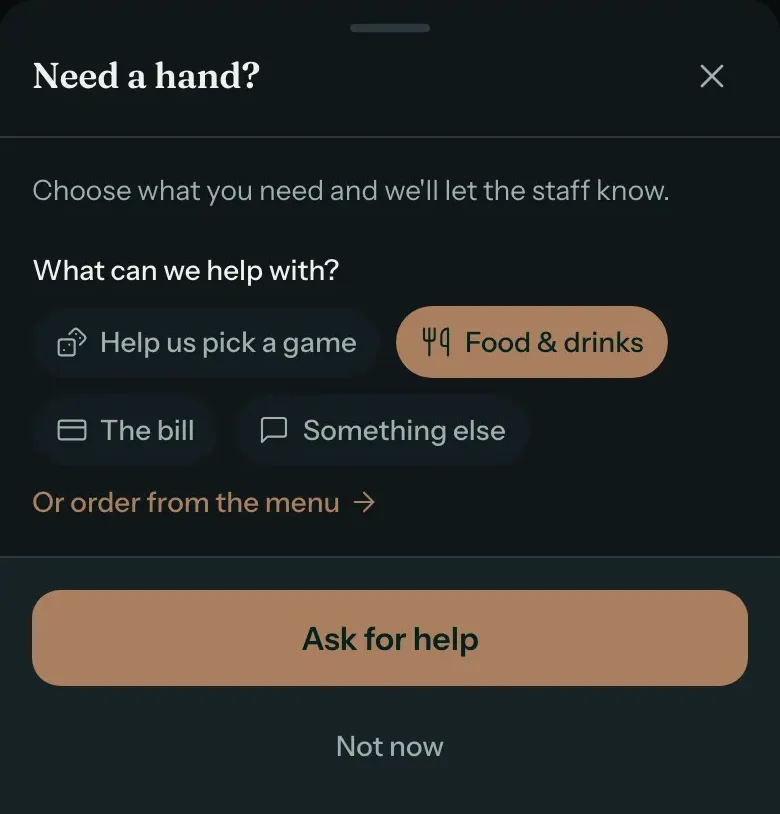 The Need a hand? sheet with Food and drinks selected and a link below the options reading Or order from the menu.