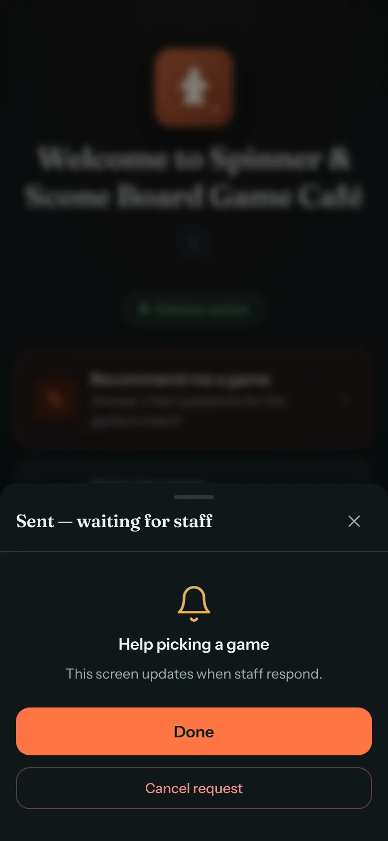 The guest's screen after asking, headed Sent, waiting for staff, showing Help picking a game, the line This screen updates when staff respond, and Done and Cancel request buttons.