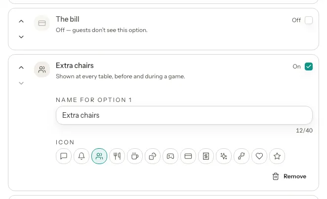 The bill option with its On checkbox cleared, and a new option named Extra chairs with a people icon selected, a Name for option 1 field showing 12 of 40 characters, and a Remove button.