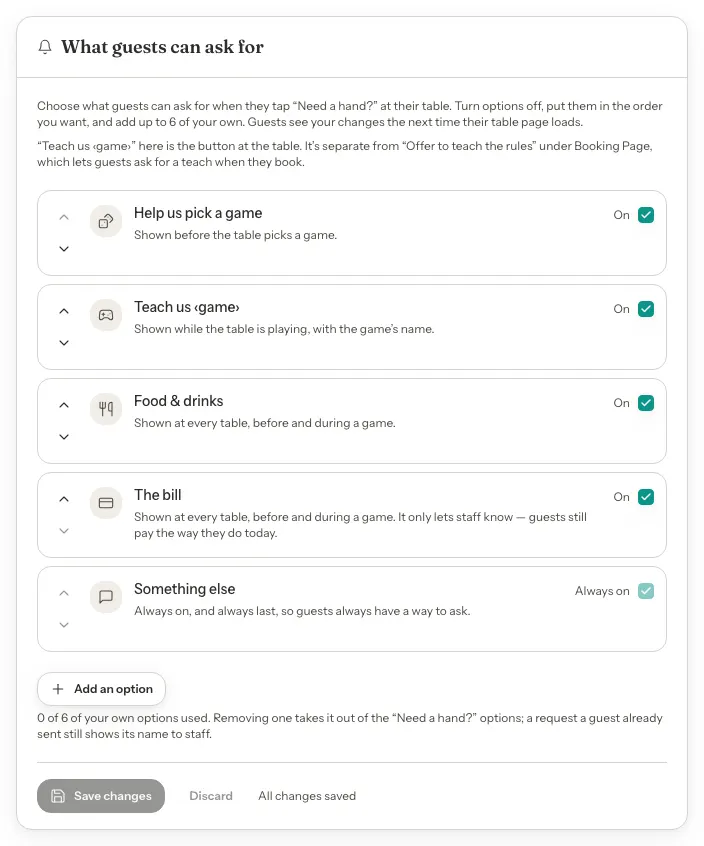 The What guests can ask for card listing Help us pick a game, Teach us game, Food and drinks and The bill, each with its On checkbox ticked, and Something else marked Always on, with an Add an option button and a disabled Save changes button.