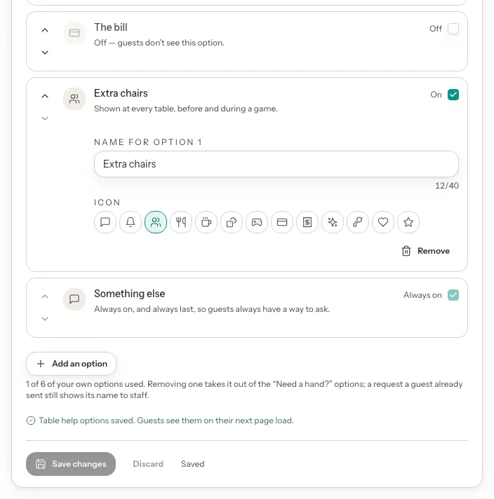 The table help options after saving, with the line Table help options saved. Guests see them on their next page load, and Save changes and Discard buttons disabled.