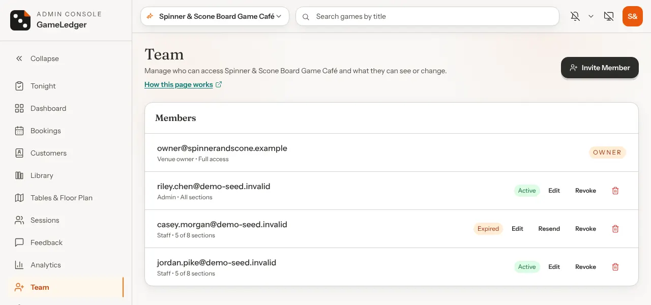 The Team page with an Invite Member button and a Members list showing the venue owner, an active admin, a staff member whose invitation expired, with a Resend button, and an active staff member with access to 5 of 8 sections.