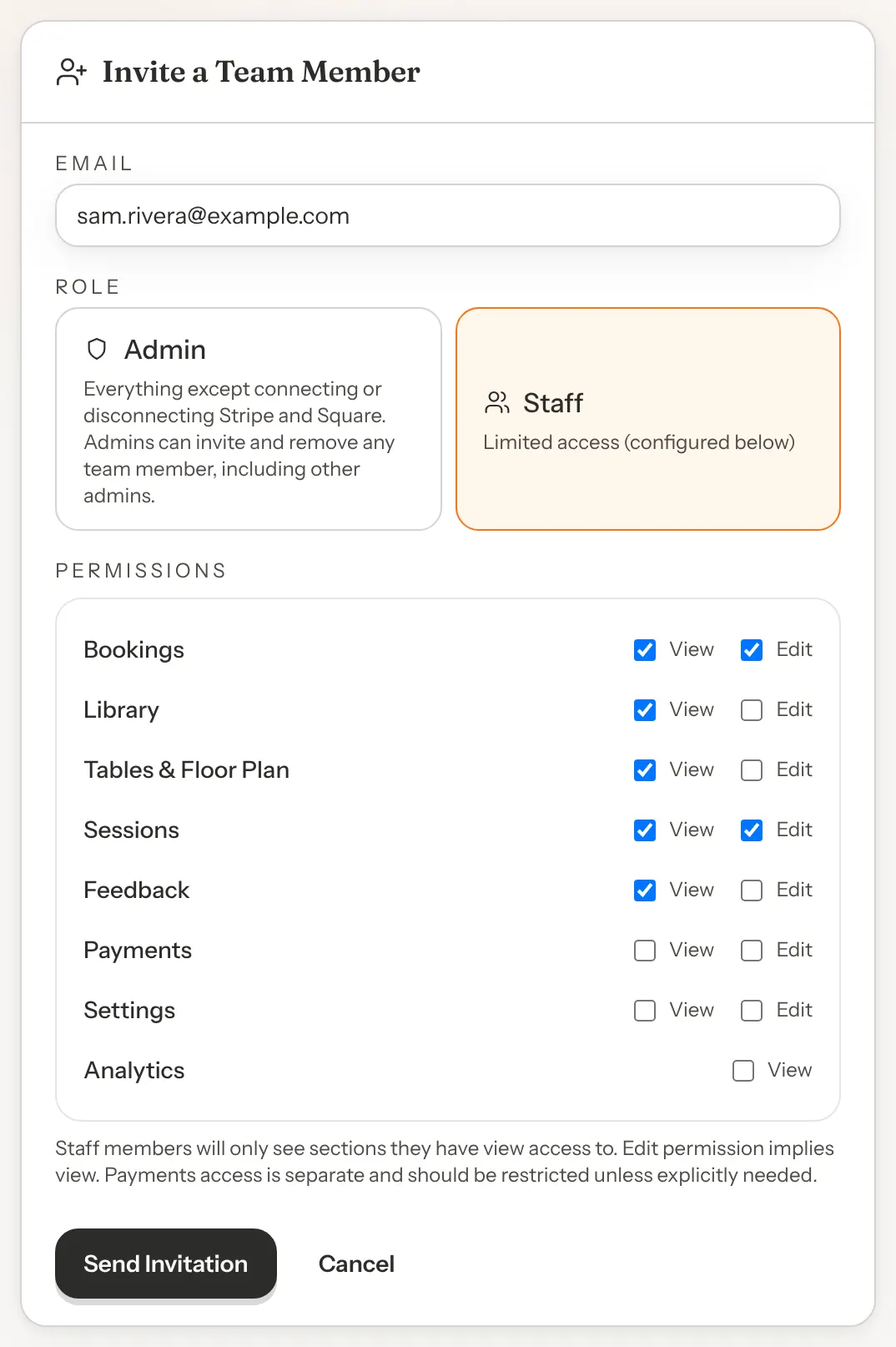 The Invite a Team Member card with an email address typed in, the Staff role selected, and a Permissions box listing Bookings, Library, Tables & Floor Plan, Sessions, Feedback, Payments, Settings and Analytics with View and Edit tick boxes.
