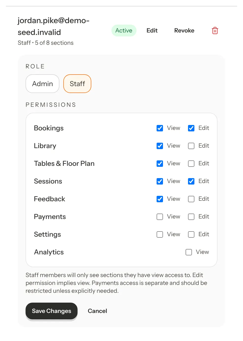 A staff member's row opened for editing, with Admin and Staff role buttons, a Permissions box with View and Edit tick boxes for each section, and Save Changes and Cancel buttons.