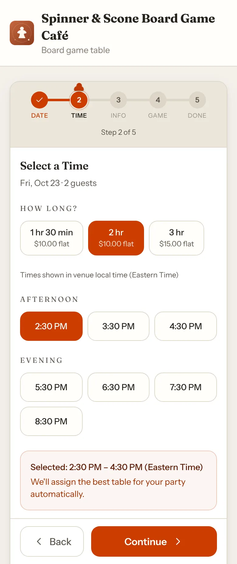 The Spinner & Scone booking page on a phone at the Select a Time step: the café logo and name at the top, then the step progress, the chosen length, the chosen time and the Selected panel, all in the café's terracotta accent color.