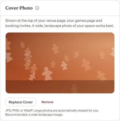 The Cover Photo card with a photo of scattered meeples on an orange background, and Replace Cover and Remove buttons.