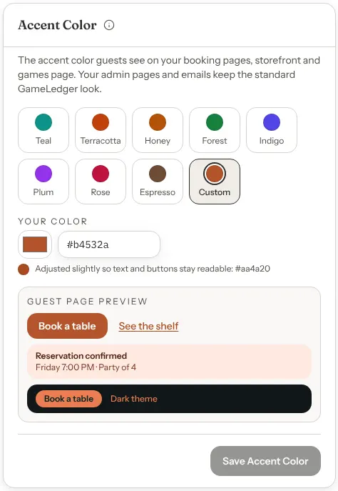 The Accent Color card with eight color swatches and Custom selected, a Your color field with a hex code, and a Guest page preview showing a Book a table button, a See the shelf link and a Reservation confirmed panel in that color.