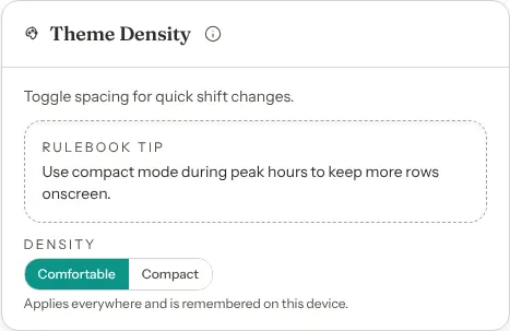 The Theme Density card with a Comfortable and Compact switch, Comfortable selected, and a tip suggesting compact mode during peak hours.