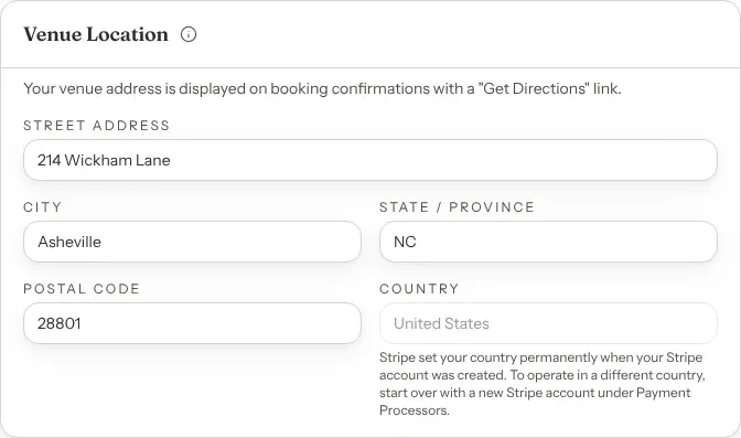 The Venue Location card filled in for a café in Asheville, with Country greyed out at United States and a note that Stripe set the country when the Stripe account was created.
