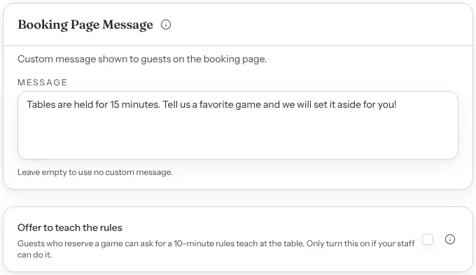 The Booking Page settings with the Booking Page Message card holding a message about tables being held for 15 minutes, and the Offer to teach the rules card with its tick box.