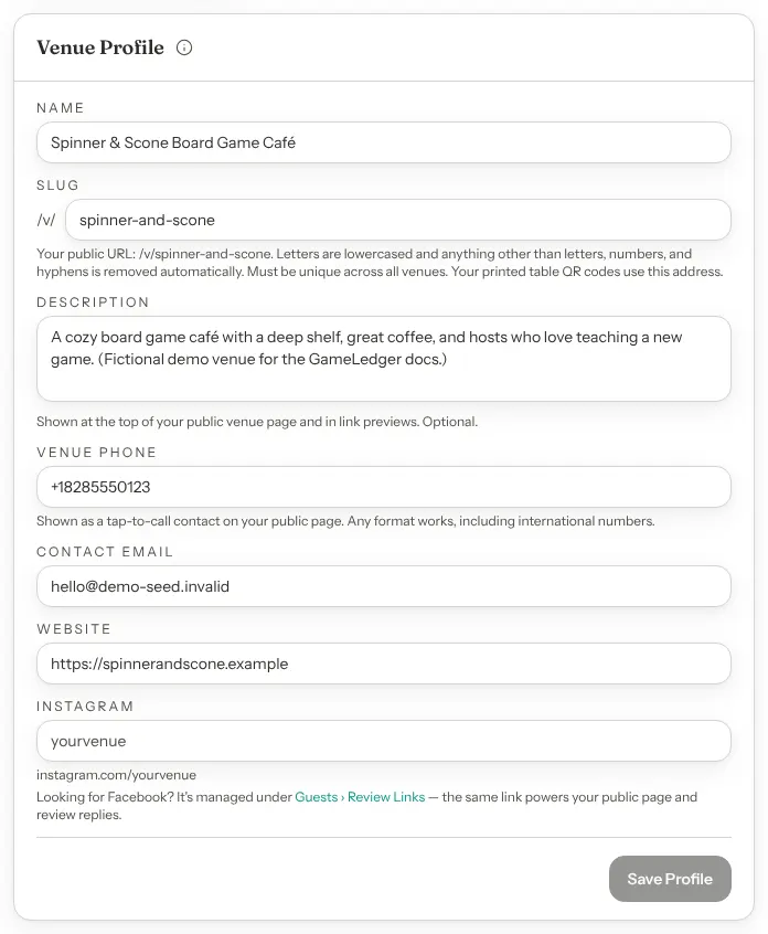 The Venue Profile card with the fields Name, Slug, Description, Venue Phone, Contact Email, Website and Instagram, and a Save Profile button.
