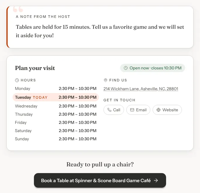 The lower part of the Spinner & Scone venue page: A note from the host in a quote panel, then Plan your visit with weekly hours and today highlighted, an Open now badge, the address under Find us, Call, Email and Website buttons under Get in touch, and a Book a Table button at the bottom.