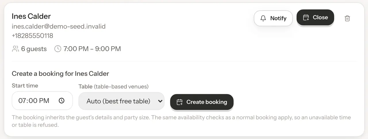 Ines Calder's card with the convert form open: Create a booking for Ines Calder, Start time 07:00 PM, Table set to Auto (best free table), and a Create booking button. The Convert button now reads Close.