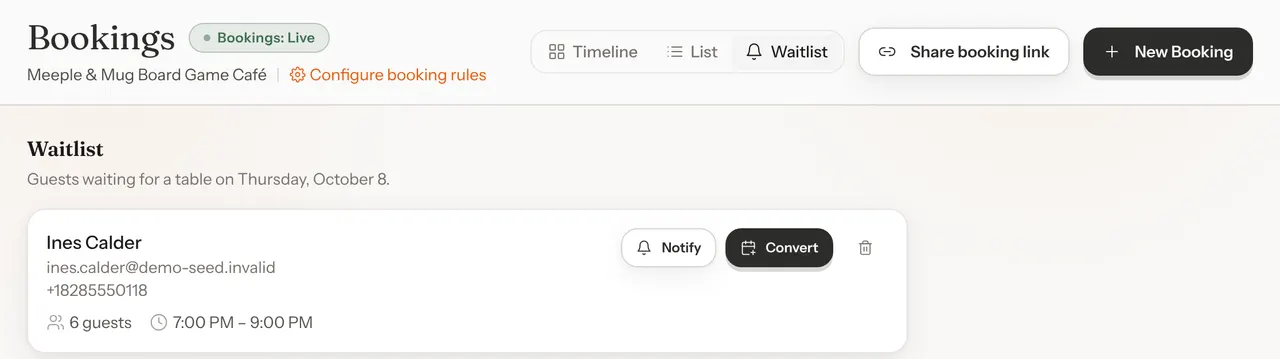 The Bookings page with the Waitlist view chosen beside Timeline and List. Under Waitlist, Guests waiting for a table on Thursday, October 8, and a card for Ines Calder with her email, phone, 6 guests and 7:00 PM to 9:00 PM, and the buttons Notify, Convert and a bin icon.