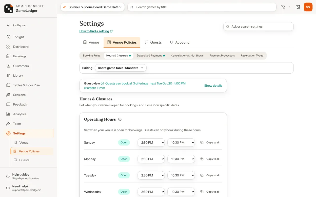 The Venue Policies tab of Settings with the Hours & Closures sub-tab open, showing the Guest view card and the Operating Hours card below it.