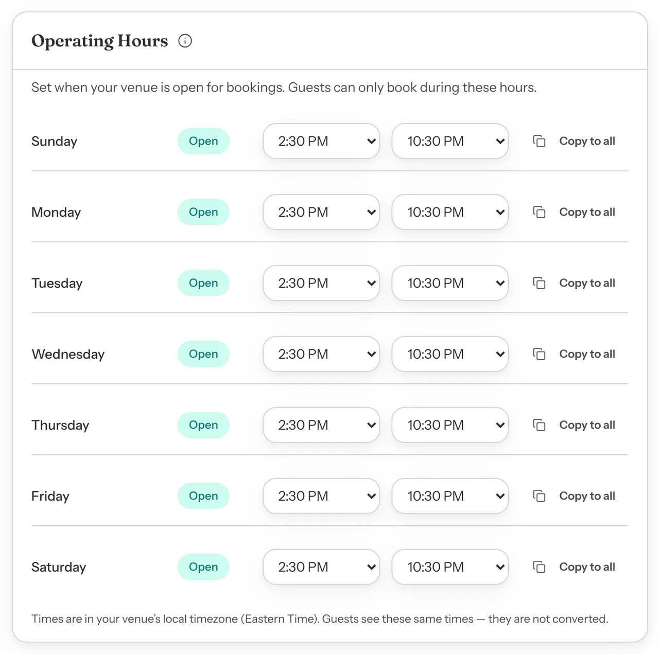 The Operating Hours card with each day from Sunday to Saturday set to Open, an opening and closing time on each day, and a Copy to all button on each row.