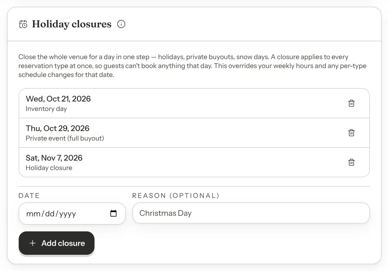 The Holiday closures card listing three upcoming dates with their reasons, and a form with Date and Reason fields and an Add closure button.