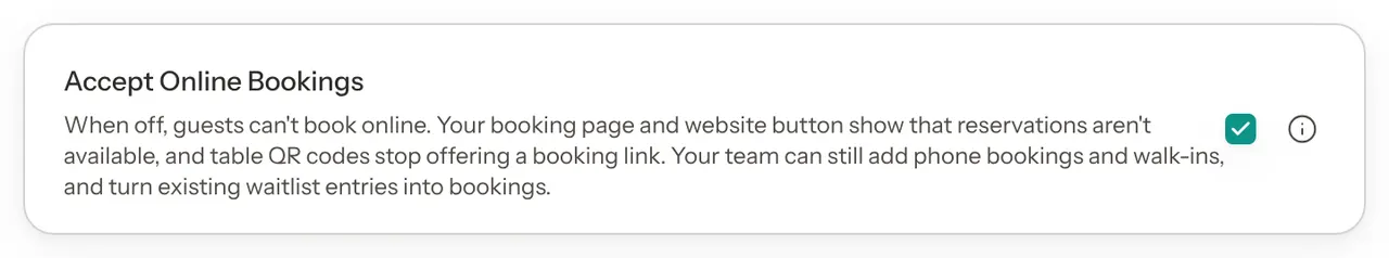 The Accept Online Bookings card with its tick box on and a help line explaining what guests and your team can do when it is off.