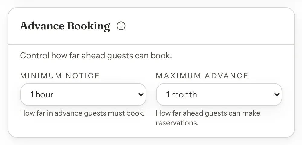 The Advance Booking card with a Minimum Notice box and a Maximum Advance box, each with a short help line.