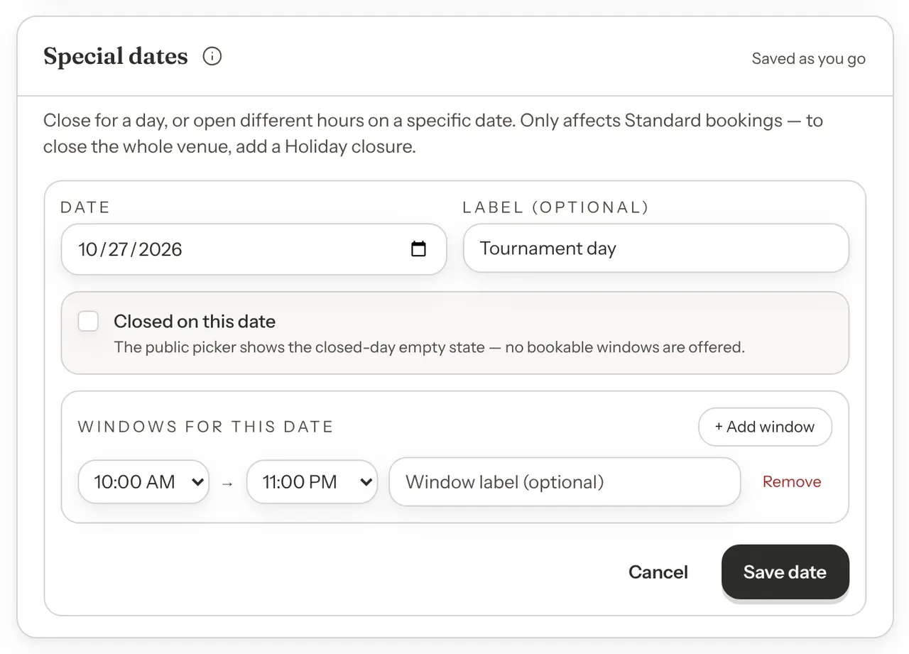 The Special dates form with a date, the label Tournament day, an unticked Closed on this date box, one window from 10:00 AM to 11:00 PM, and Cancel and Save date buttons.