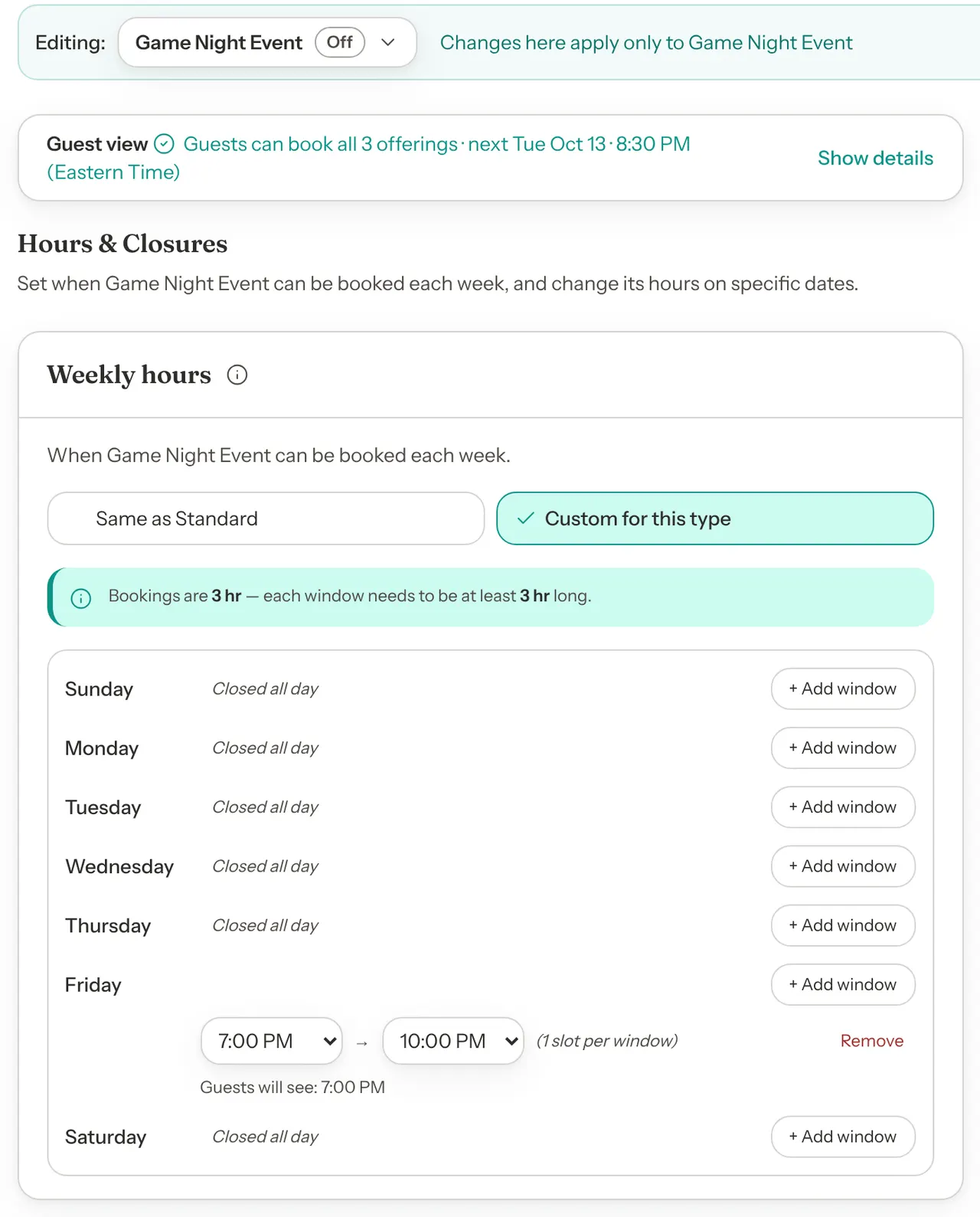 Hours & Closures for the Game Night Event type, which the Editing bar marks Off, with custom weekly hours of one Friday window from 7:00 PM to 10:00 PM and a line reading Guests will see: 7:00 PM.